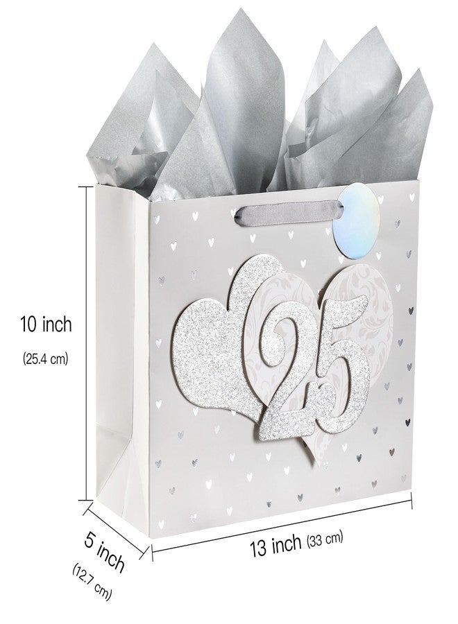 LeZakaa 13" Wedding Gift Bag, Silver Gift Bag with Tissue Paper, Gift Tag and Card - Number 25" with Heart 3D Paster for Silver Wedding Anniversary Celebrations - Image 2